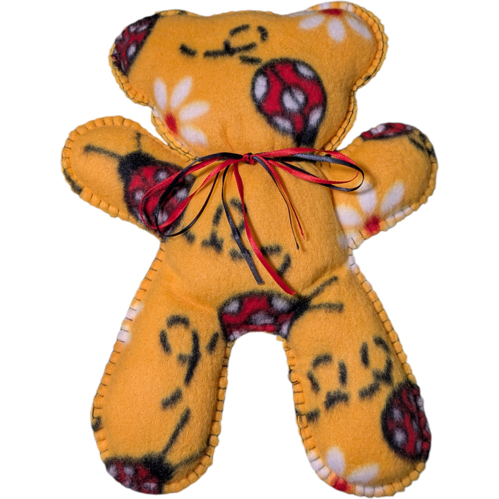 Homemade - Yellow - Stuffed Bear With Bow - Plushie - Ladybug and Flowers Print